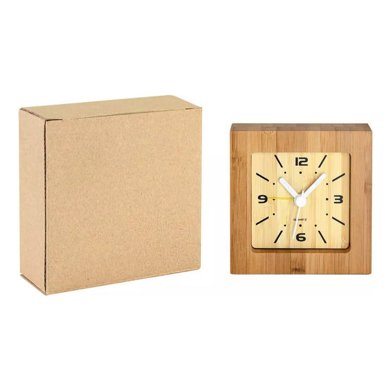 Reloj Despertador Cuadrado de Bambú Natural con Alarma | 8x8 cm