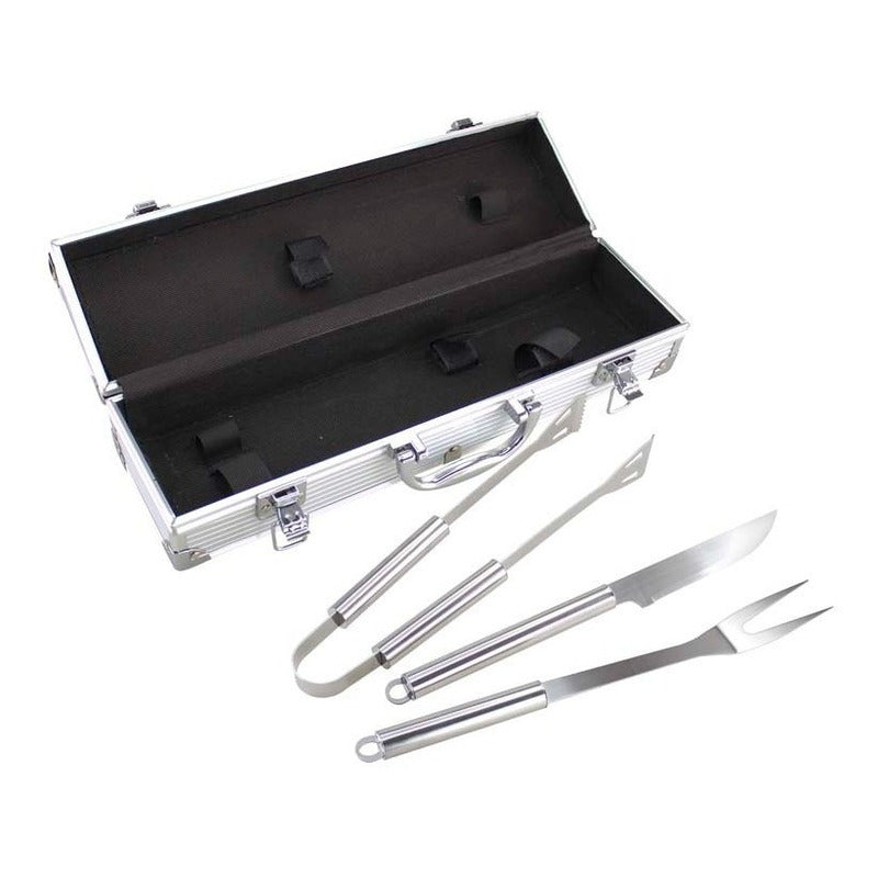 Set Parrillero Asado 3 Piezas De Acero Inoxidable Con Maleta