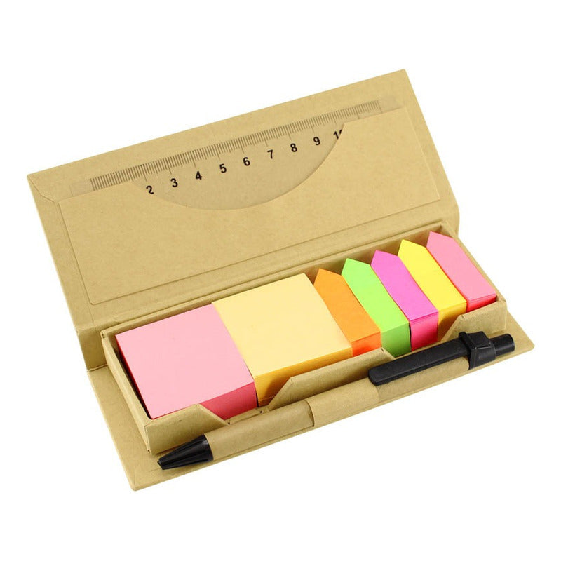 Memo set ecológico estuche de cartón con regla de 12 cm, bolígrafo, notas cuadradas y banderitas de colores