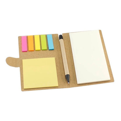 "Set libreta ecológica plegable con notas adhesivas, banderitas de colores y bolígrafo de cartón natural 10x15 cm"
