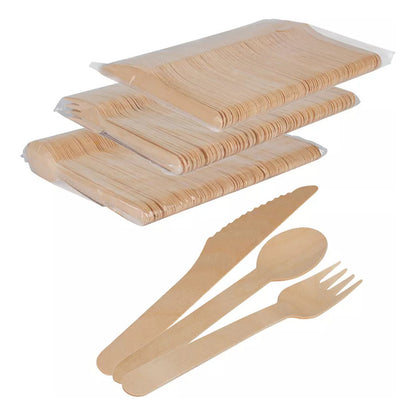 Set de Cubiertos de Madera de Abedul Desechables | 300 Piezas (100 Cucharas + 100 Cuchillos + 100 Tenedores)