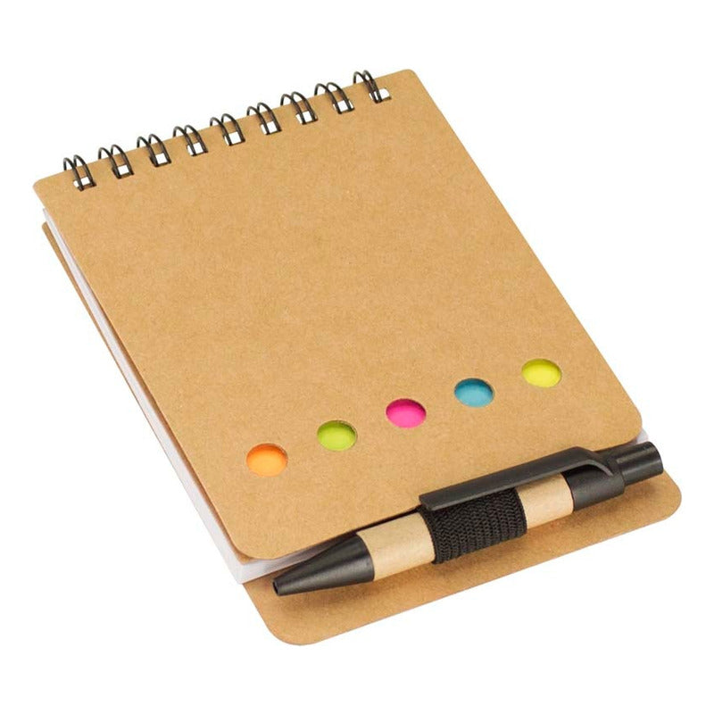 "Set libreta ecológica de bolsillo con bolígrafo corto, notas adhesivas y banderitas de colores 9x12 cm"