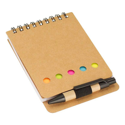 "Set libreta ecológica de bolsillo con bolígrafo corto, notas adhesivas y banderitas de colores 9x12 cm"