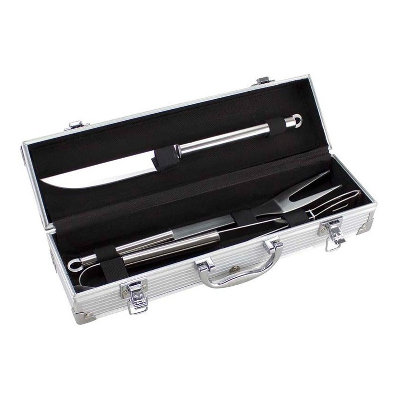 Set Parrillero Asado 3 Piezas De Acero Inoxidable Con Maleta