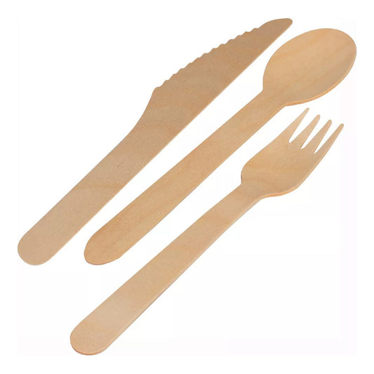 Set de Cubiertos de Madera de Abedul Desechables | 300 Piezas (100 Cucharas + 100 Cuchillos + 100 Tenedores)