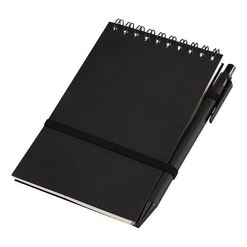 Libreta ecológica negra de bolsillo 9x14 cm con bolígrafo y hojas blancas lisas