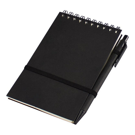 Libreta ecológica negra de bolsillo 9x14 cm con bolígrafo y hojas blancas lisas