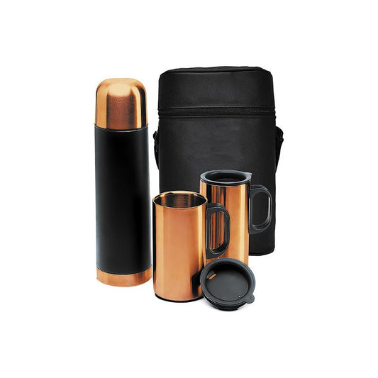 Set Térmico Encobrizado + 2 Tazas Mug C/tapas Y Bolso Negro