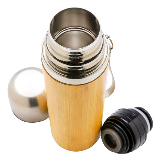 Termo de Bambú 430 mL Acero Inoxidable SS 304 con Tapa Taza y Correa | Ecológico