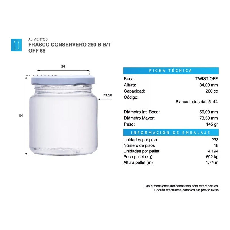 Frasco Conservero 260cc Pack 6 Unidades Incluye Tapa 66mm