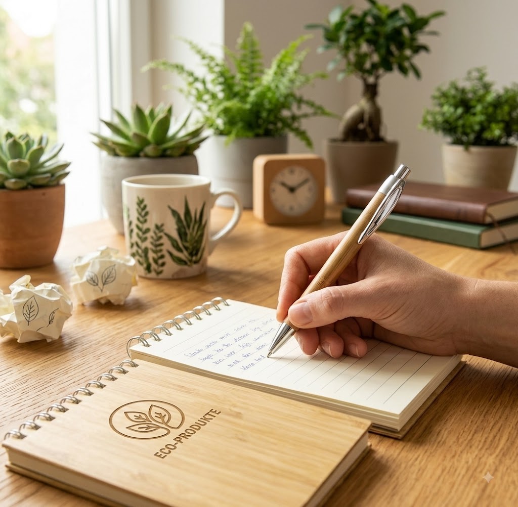 "Libreta ecológica de bolsillo en madera de bambú 9x14 cm con bolígrafo plateado