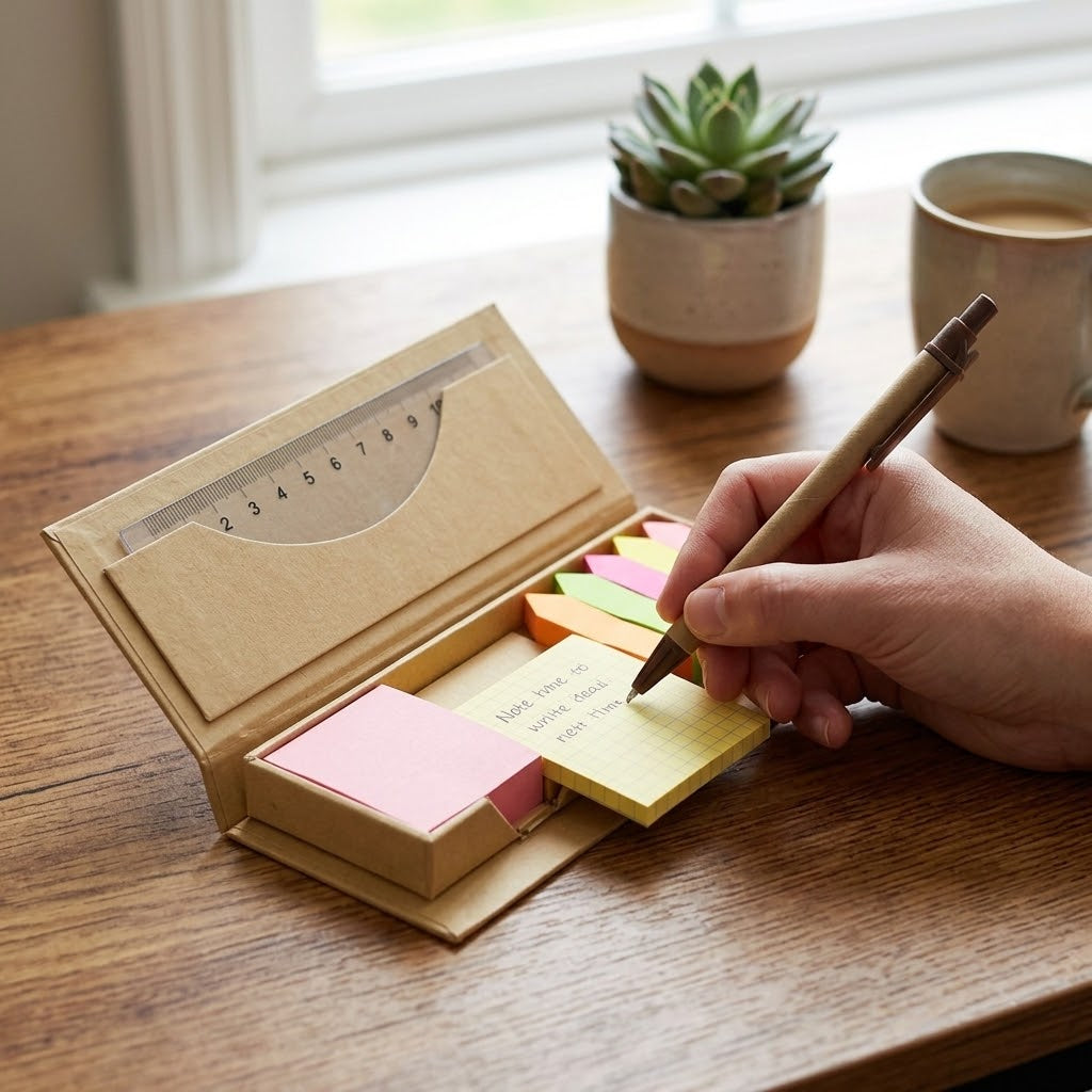 Memo set organizador ecológico abierto siendo utilizado para escribir sobre un escritorio de madera